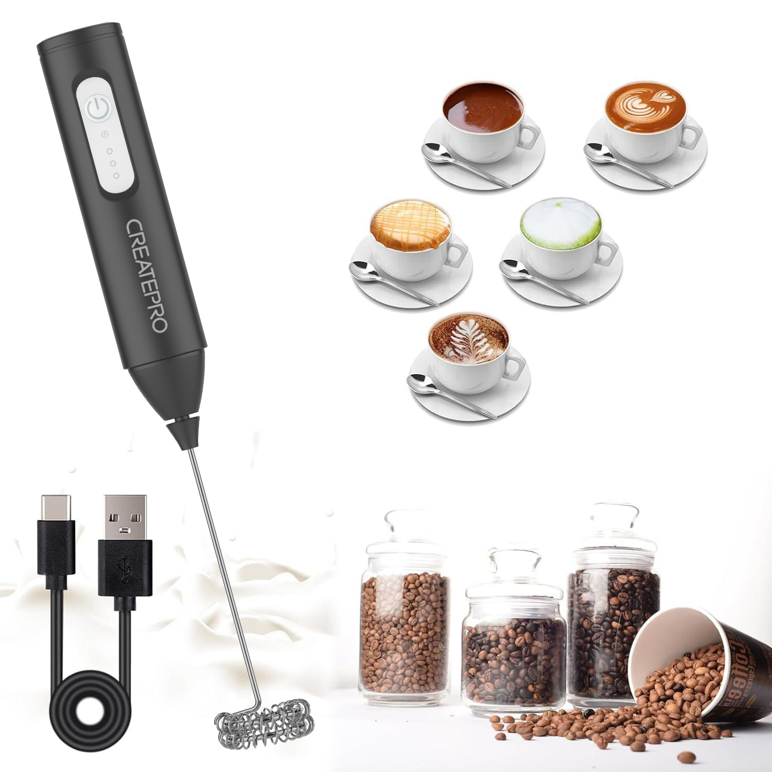 Electric Milk Frother Handheld - Mousseur à lait rechargeable automatique, mousseur